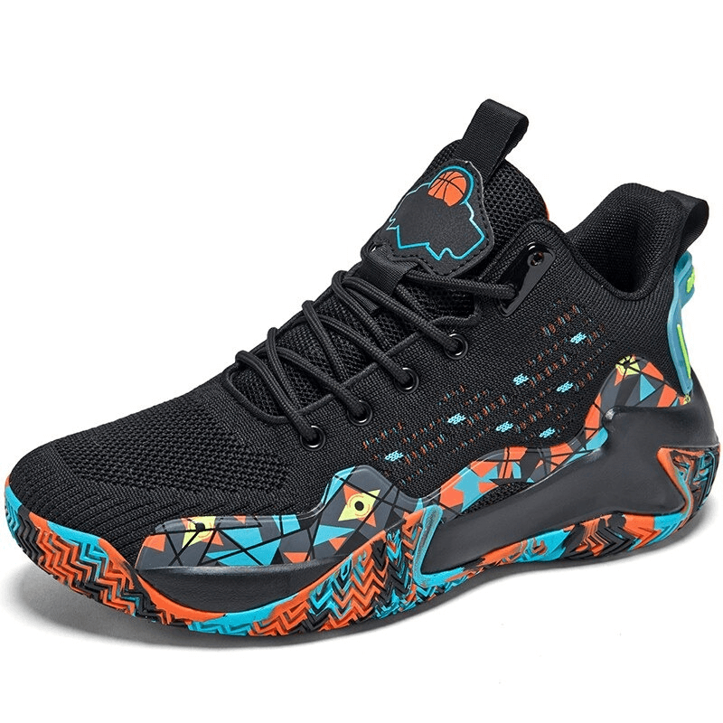 Colorful breathable mesh sports shoe with cushioning and geometric pattern, featuring a durable rubber outsole. Model SF0706.